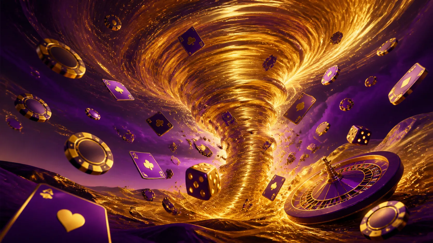 Luxury casino banner with floating gold chips, gems, and dice in a cinematic two-tone Slotorado hero composition